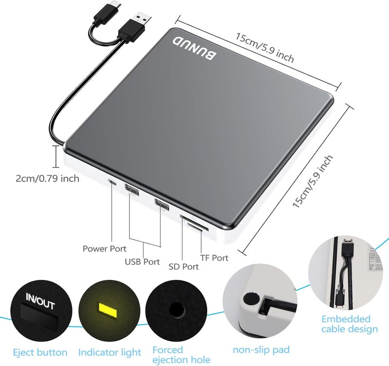 BVNUD محرك DVD خارجي، Superdrive USB C لأبل، محرك DVD قابل للاحتراق والقراءة USB 3.0 لماك، محرك DVD خارجي محمول لأجهزة الكمبيوتر المحمولة ماك بوك ويندوز 11 10 PC لينوكس OS - Image 5